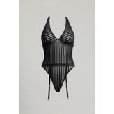 C&City Siyah Çizgi Desenli Jartiyerli Bodysuit, Kadın, L/XL Beden