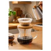 CEZVE HOME Borosilikat Cam V60 Dripper Seti Ahşap Standlı Filtre Kahve Demleme Sürahisi