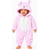 Chicsy Baby Kız Erkek Bebek Welsoft Peluş Tulum Kapüşonlu Fermuarlı Kışlık Bebek Tulumu Ayıcık Desenli Yumuşak Polar Tulum - Pembe - 9 - 12 Ay