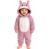 Chicsy Baby Tatlı Ayıcık Desenli Welsoft Peluş Kapüşonlu Fermuarlı Kışlık Unisex Bebek Tulumu - Pembe - 9 - 12 Ay