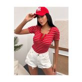 Chicup Kadın Kırmızı Beyaz Çıtçıtlı Fitilli Örme Bluz