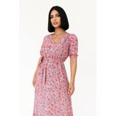Çiçek Desenli Yırtmaçlı Elbise - Pembe