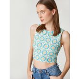 Çiçekli Crop Bluz Kolsuz Bisiklet Yaka