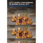 Cift Cidarli 150 ml 6 Adet Cam Cay Bardagi ve 6 Adet Bambu Altlik Seti BX-313777