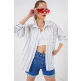 Çizgili Oversize Gömlek 20278 - Beyaz