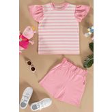Çizgili Volanlı Kol Tshirt Şort Pembe Takım