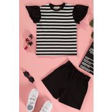Çizgili Volanlı Kol Tshirt Şort Siyah Takım