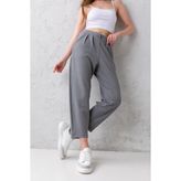 CNRCollection Kadın Gri Yüksek Bel Çift Düğmeli Tarz Havuç Model Bilek Boy Krep Kumaş Pantolon