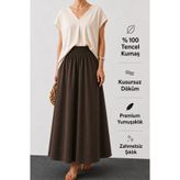 CNRCollection Kadın Kahverengi Cepli Beli Lastikli Yumuşak Dokulu %100 Tensel Kumaş Etek