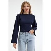 COMBİNE MİCHAİL Kadın Basic Geniş Kol Lacivert Crop Bluz