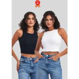 Comeor Kadın Siyah-Beyaz Fitilli Görünümlü Askılı Kalın Esnek Örme 2'li Basic Crop Atlet