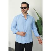 Comstar Erkek Trend Dokulu Kısa Kol Basic Mavi Keten Gömlek