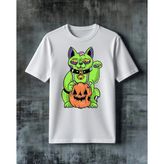 Comvicho Maneki Neko Halloween Baskılı Oversize Tişört - Beyaz