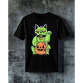 Comvicho Maneki Neko Halloween Baskılı Oversize Tişört - Siyah