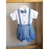 Concept Kids Papyonlu 3'lü Şortlu Mavi Erkek Bebek Salopet Takım Özel Gün Kıyafeti Düğün Bebek Hediyesi - Beyaz - Lacivert - Mavi - 1 Yaş