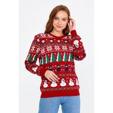 Cool Tarz Kadın Kırmızı-Yeşil-Beyaz Cristmas Yılbaşı Kazağı - 240-Kırmızı