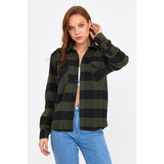 Cool Tarz KCPODG001 Haki Kadın Slim Fit Düğmeli Yaka Çift Cepli Oduncu Ekose Gömlek