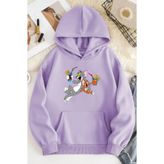 coolart Tom Jerry Sweatshirt - Lila Baskılı Oversize Şardonlu Kapüşonlu