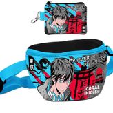 Coral High Erkek Çocuk Siyah Mavi Anime Desenli Bel Çantası ve Bozuk Para Cüzdanı Set