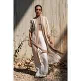 Country House Kadın %100 Pamuk Krem Tarçın Uzun Kimono - Kuşaklı Yazlık Kimono Ceket, Oversize