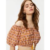 Crop Bluz Etnik Baskılı Lastik Detaylı