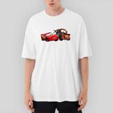 Crows Gate Şimşek Mcqueen ve Tow Mater Arabalar Oversize Beyaz Tişört