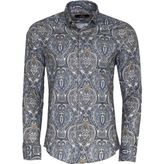 Damask Desenli Mavi Slim Fit Gömlek - 2XL - Lacivert