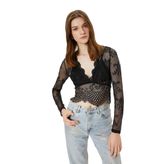 Dantelli Bluz Transparan Crop V Yaka