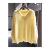 De Pose Kadın Oversize Peluş Yumoş Tüylü V Yaka Basic Triko Kazak