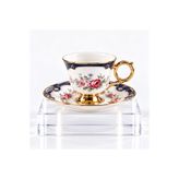 DECOFORM 6 Kişilik Çiçek Desenli Gold Yaldızlı Ayaklı Kahve Fincanı Seti Şık Porselen Fincan ve Tabak Takımı