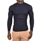 DeepSEA Erkek Lacivert Yarım Balıkçı Yaka Çizgili Tüylenmeyen Slim Fit Triko Kazak 2505491