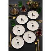 Deery 6 Parça Seramik 21 cm Geyik Desenli Pasta Tabağı Beyaz