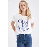 DeFacto Kadın Regular Fit, Bisiklet Yaka, Kısa Kollu, City of Los Angeles Baskılı T-Shirt, Beyaz, 3XL