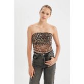 DeFacto Leopar Desenli Straplez Tül Bluz D4792AX24AU