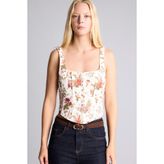 DeFacto%100 Pamuk Kare Yaka Çiçek Desenli Korse Detaylı Gabardin Crop Bluz