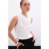 Degaje Yaka Saten Bluz - Ekru - 38