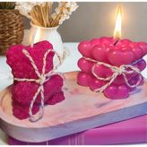 Dekoratif Tabakta 2'li Set, Çikolata Kokulu Pembe Kalpli Ayıcık ve Kalpli Bubble Mum - Fuşya - Pembe