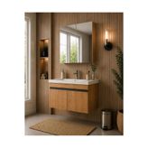 DEMEZLER MOBİLYA Modern Alya 80 cm Ahşap Renkli MDF Seramik Lavabolu Alt ve Üst Dolaplı Üst Aynalı Banyo Dolabı Takımı