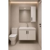 Demezler Mobilya Modern Lale 80 cm Beyaz Mdf Hilton Aynalı Seramik Lavabolu Banyo Dolabı Takımı Alt ve Üst Dolaplı