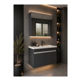 DEMEZLER MOBİLYA Modern Linea 80 cm Antrasit Renkli MDF Seramik Lavabolu Alt ve Üst Dolaplı Üst Aynalı Banyo Dolabı Takımı