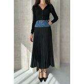 Denim Detay Pileli Etek