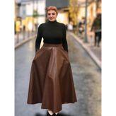 Deri Cepli Kloş Uzun Etek - Kahve