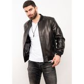 Deri Effect Erkek Siyah Hakiki Deri Basic Bomber Ceket Düz Desenli Normal Kesim