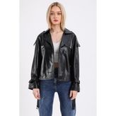 Deri Effect Oversize Sıyah Biker Kadın Deri Mont - Siyah - XL