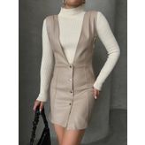 Deri jile elbise bej w24796
