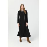 Deri Pat Detaylı Elbise Siyah - Karamel - 44