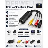 Derwell USB 2.0 AV Video Capture Card Analog Görüntü Ses Dijital Dönüştürücü Kartı Easycap Uyumlu Kamera DV VHS VCR DVD Oynatıcı Laptop Masaüstü PC Sürücüsüz Tak Çalıştır Kayıt Kartı RCA S-Video