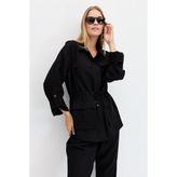 Desen Triko Kadın Safari Model Keten Ceket Siyah - XL
