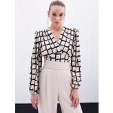 Desenli Crop Bluz - Bej