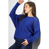 Devinka Kadın Saks Mavi Oversize Ajurlu Salaş Triko Kazak